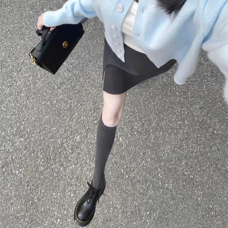 Calcetines grises hasta la rodilla para mujer, nuevos calcetines negros de alta gama para primavera y otoño, estilo coreano, de compresión ligera, adelgazantes._voghion.com