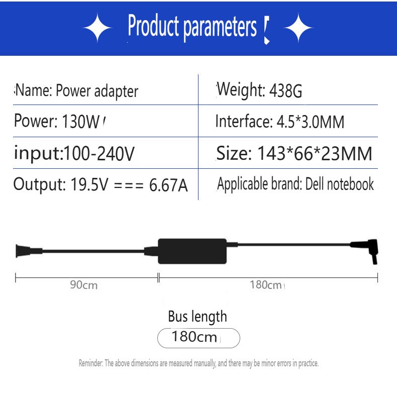 Adatto per laptop Daier, adattatore di alimentazione da 130 W, caricabatterie da 19,5 V, 6,67 A con punta da 4,5 x 3,0 mm, compatibile con XPS 15, Inspiron 16 Plus e Precision serie 3000_voghion.com