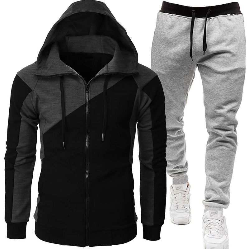 Autumn and winter foreign trade sports two-color splicing coat long men plus fleece thick sports suit two-piece set_voghion.com