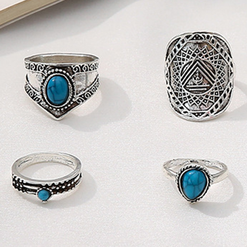 Qianbihe 8 pezzi anelli nocca foglia turchese unisex bohemien anelli impilabili gioielli di moda-argento_voghion.com