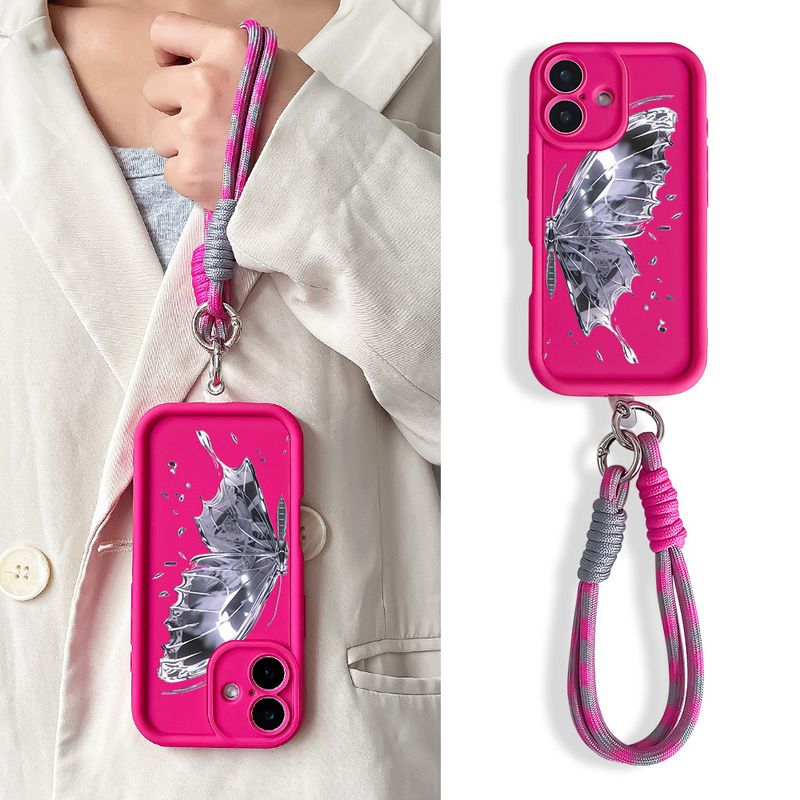 Étui de téléphone avec lanière pour iPhone 16 Pro Max Plus Motif papillon en cristal Souple TPU Chaîne de poignet Sangle de suspension Housse antichoc_voghion.com