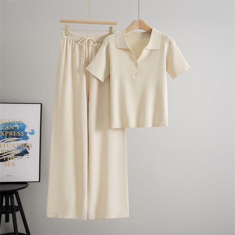 Women's Clothing Temperament Knitted Top Two Piece Suit Wide Leg Pants Suit_voghion.com
