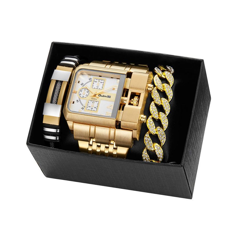 Men's Multi-Time Zone Stainless Steel Quartz Watch With Large Luminous Dial And Elegant Square Case Quartz Watch Great For Gifting_voghion.com