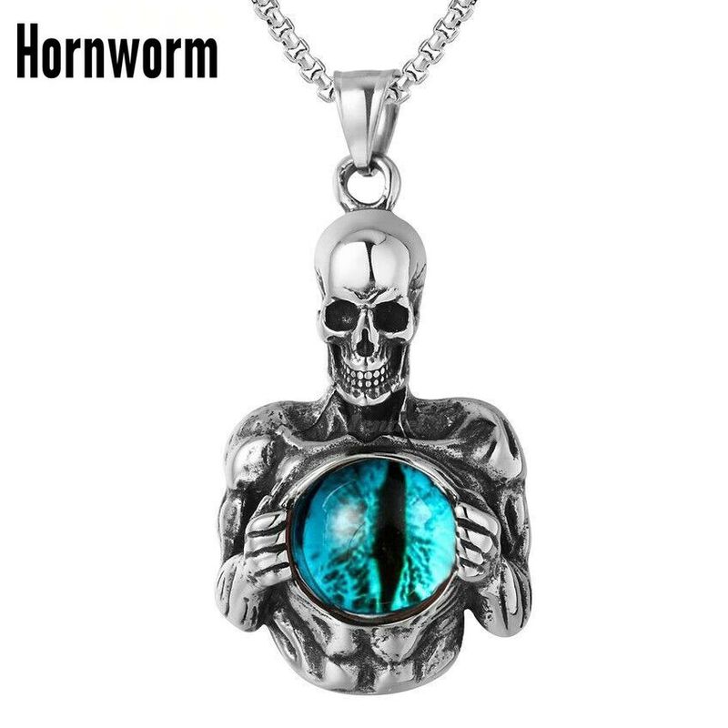Collier avec pendentif en acier inoxydable pour homme, style gothique, squelette, tête de mort, mauvais œil, style punk rétro, vintage, idéal pour la fête des pères_voghion.com