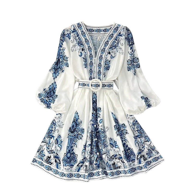 Damenmode-Kleid mit V-Ausschnitt und langen Ärmeln im Bohemian-Stil_voghion.com