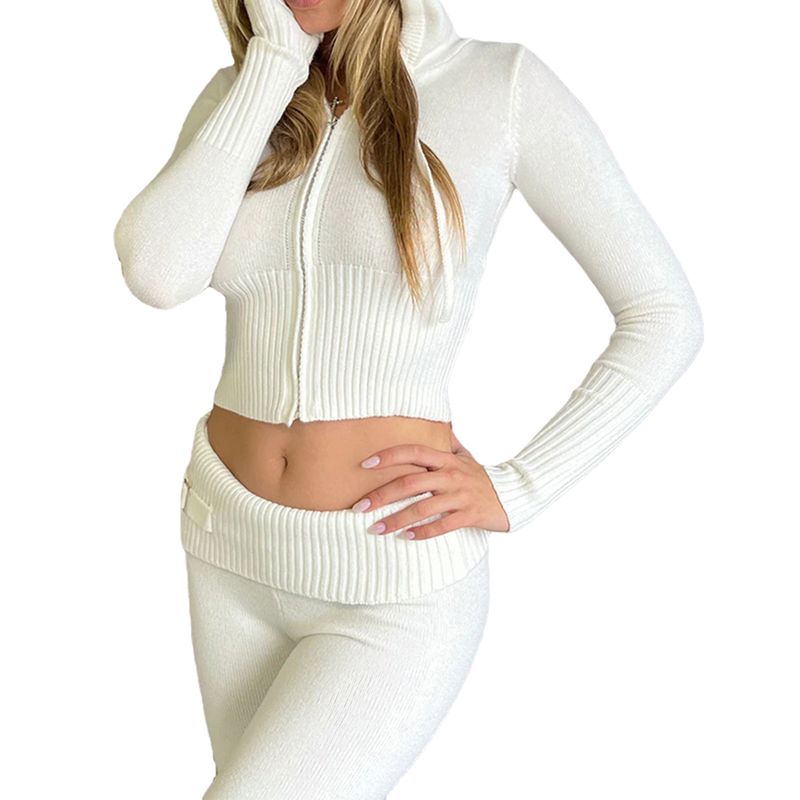 Traje de punto con capucha para mujer, conjunto de dos piezas con pantalones de manga larga y cintura alta, sexy y moderno, estilo europeo y americano, 2023_voghion.com