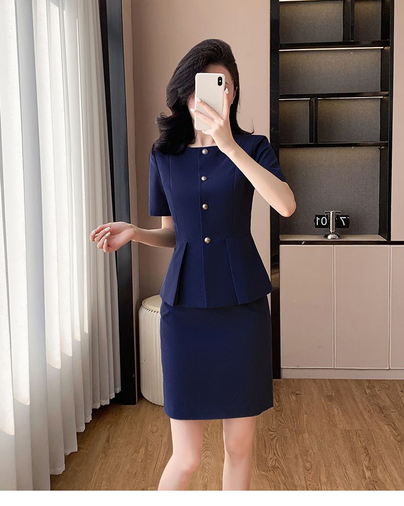 Abito professionale grigio a maniche corte per donna, guida per negozi di gioielli, reception di saloni di bellezza, direttore d'hotel_voghion.com