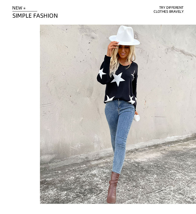 Damenbekleidung unabhängiger Herbst Neuankömmling fünfzackiger Stern Rundhals Langarm-Strickpullover für Damen_voghion.com