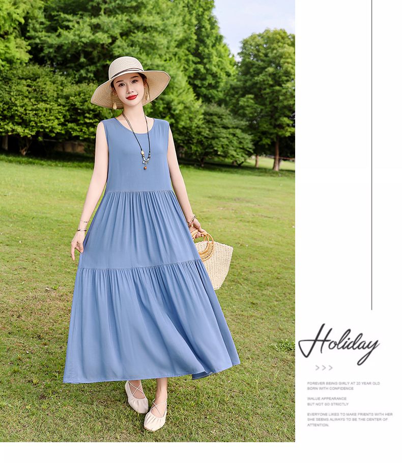Französischer Stil High-End für Frauen Sommer 2025 Neue lose Plus Size Extra lange Baumwolle Blumenweste Kleid Falten Outfit_voghion.com