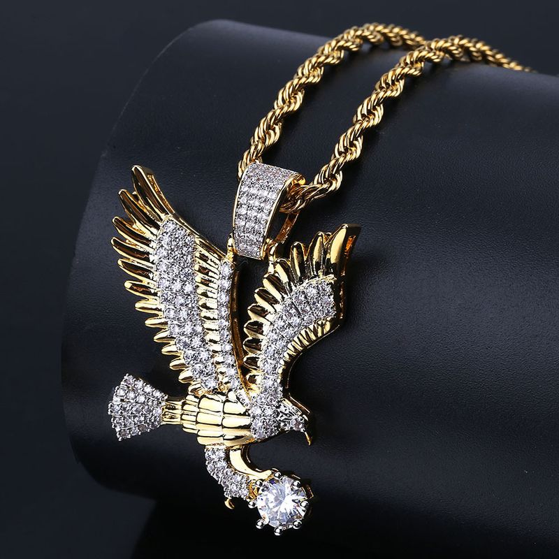 Collier avec pendentif aigle hip-hop pour homme, en or ou en argent, incrustation de zircone cubique, chaîne torsadée de 61 cm, laiton plaqué or durable._voghion.com