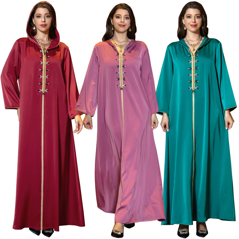 Vestido muçulmano feminino de cetim com contas abaya Dubai leve vestido de noite étnico luxuoso_voghion.com