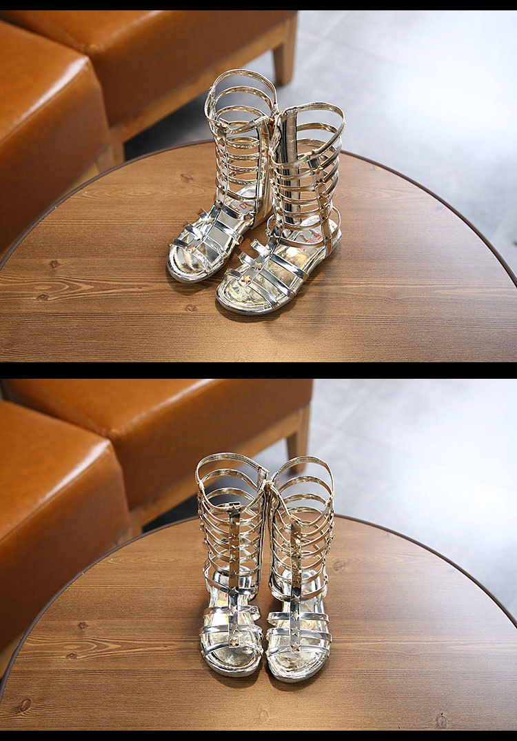 2025 Sommer Neue Kinder Nieten Sandalen Mädchen High Top Lange Hohe Röhre Stern Offene Spitze Römische Schuhe Student Sandalen_voghion.com