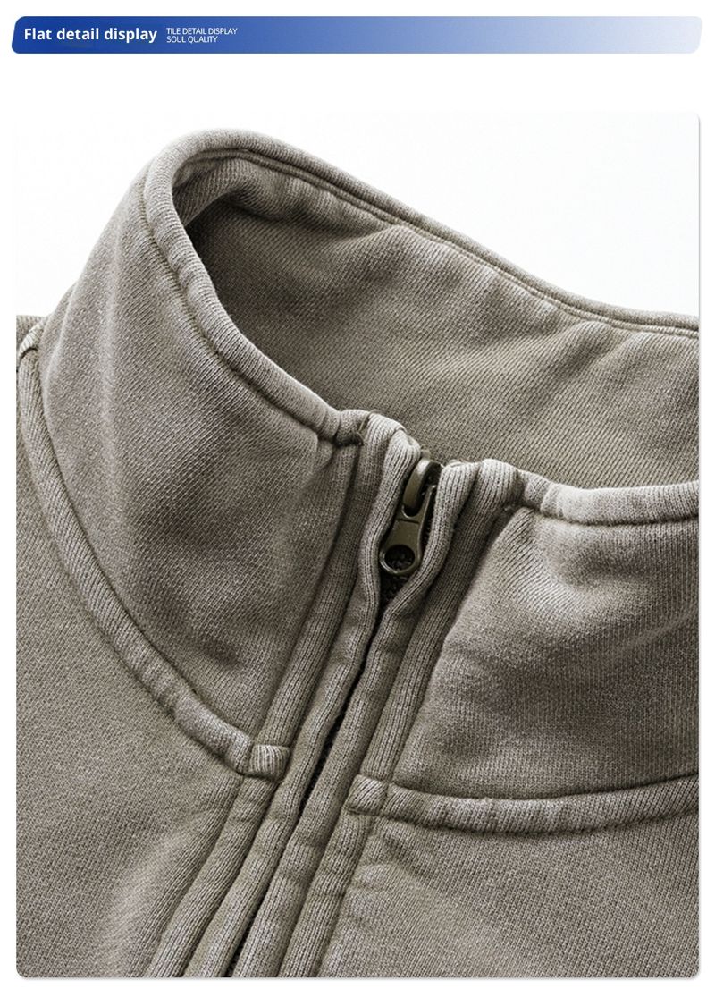 001 2025 Autumn Winter New Vintage Retro Terry Stand Collar Half-Zip Set Loose Trendy Brand Washed Sweatshirt Pants_voghion.com