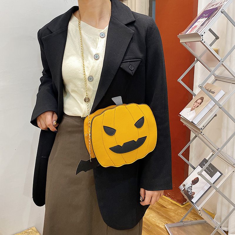 Borsa a tracolla con zucca glitterata a tema Halloween per donna - Borsa a tracolla in PU riflettente retrò con tasche con cerniera, accessorio alla moda e divertente_voghion.com
