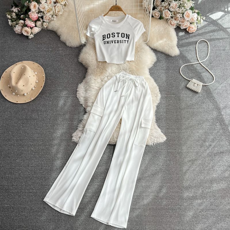 Damenbekleidungssets, modischer Anzug, T-Shirt mit Buchstaben-Aufdruck für Damen von Spice Girls, zweiteilig, lässig, schlankmachende Arbeitskleidung, Hose mit weitem Bein_voghion.com