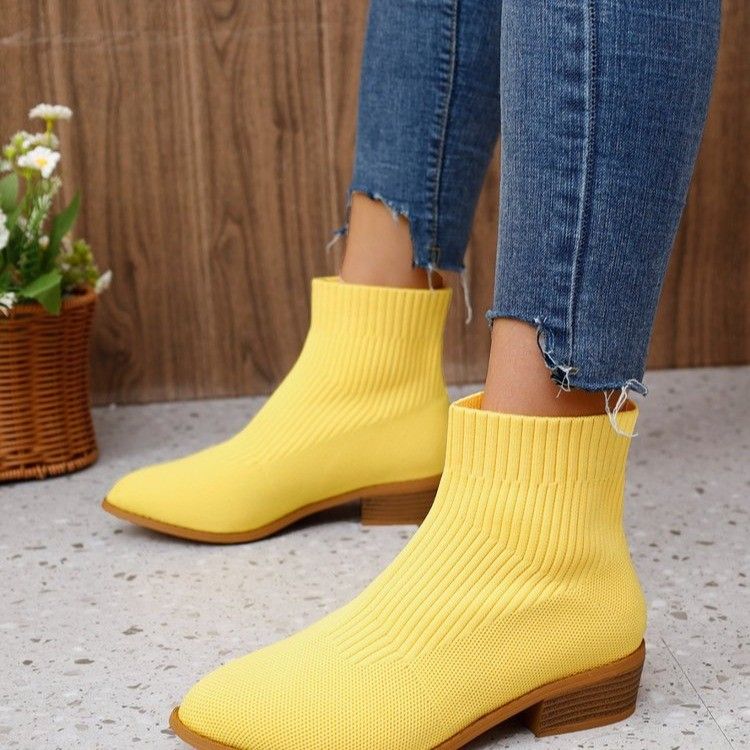 Women's Shoes Flying Woven Pointed Short Barrel Martin Boots Women's Sleeve Thick Heel Medium Heel Breathable Socks Boots_voghion.com