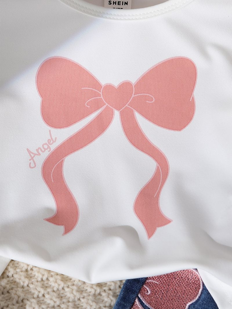 Completo da 2 pezzi con top in maglia stampata e jeans con fiocco ricamato per neonata – Completo in morbido cotone (6 mesi-3 anni, bianco)_voghion.com
