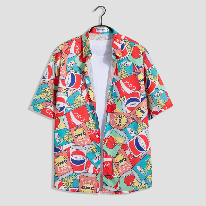 Herenkleding aan zee, strandvakantie, losse heren, plus size paar, trendy bloemenoverhemd met korte mouwen, casual tweedelige set_voghion.com