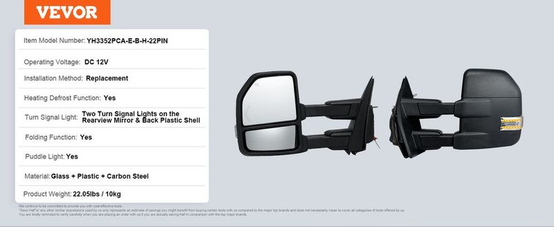 VEVOR Towing Mirrors Fit For 2015-2018 Ford F150, Power Heated With Signal Light LED Arrow Signal Light & Puddle Light, Plane & Convex Glass, Manual Controlling Telescoping Folding, Black_voghion.com