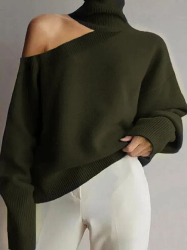 Women's Winter High Neck Off Shoulder Irregular Leopard Print Long Sleeve Top - Stretchy Milk Silk Blend, Comfortable & Stylish_voghion.com