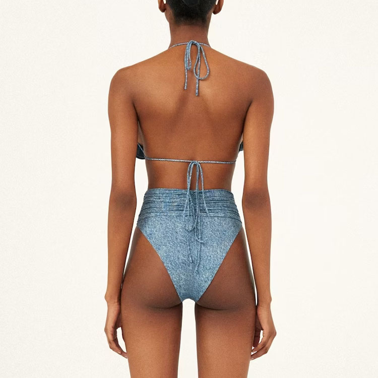 Einteiliger Damen-Badeanzug, One-Shoulder-3D-Blumendekoration, hohler Denim-Druck-Badeanzug für Damen_voghion.com