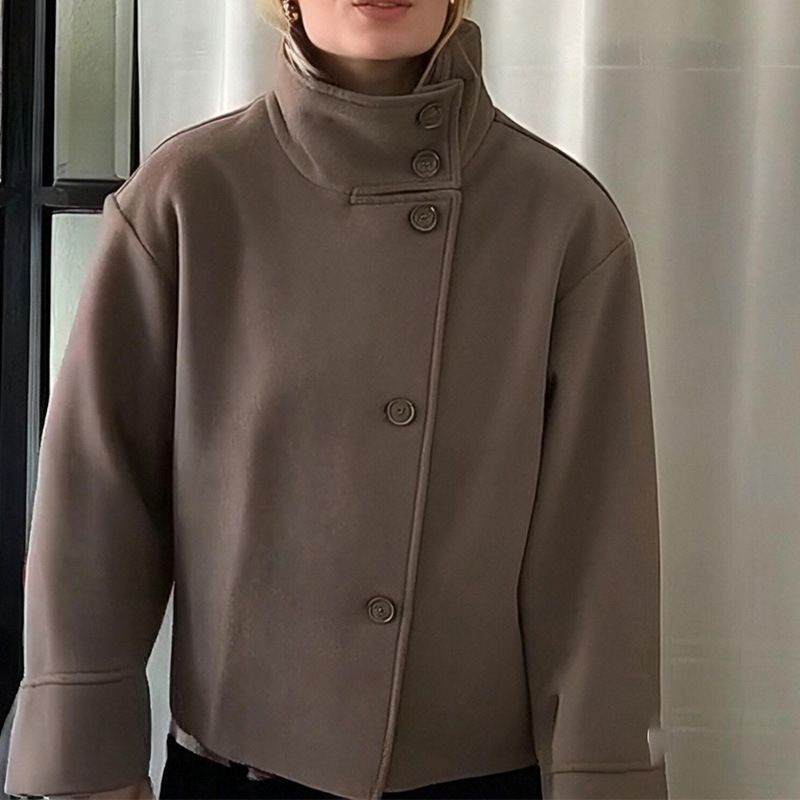 2025 Autumn And Winter Street Photography Fashion Stand Up Collar Woolen Coat Retro Long Sleeved Single Breasted Loose Jacket_voghion.com