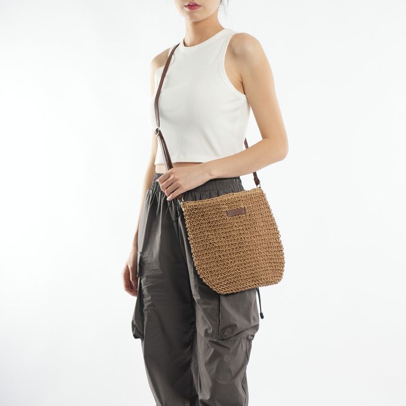 Borsa a tracolla piccola in pelle di marca, semplice, casual, versatile, alla moda, in paglia intrecciata a mano_voghion.com