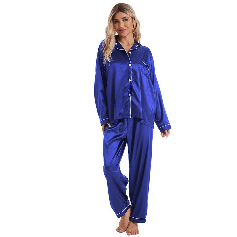 Homewear Turn-down Collar Ice Silk Pajamas Women's Sleeve Long Pants Two-piece Set Plus Size Satin_voghion.com