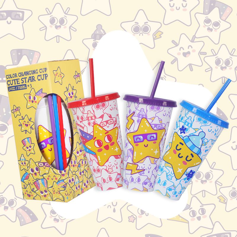 Large Capacity Pp Plastic Single Layer Cold Changing Star Cup High Value Three Piece Straw Color Changing Cup_voghion.com