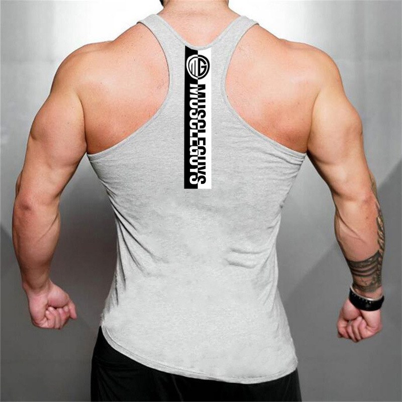 Muscular Men's Sports Running Pure Cotton Sweat-absorbing Irregular Hem Racerback Printed U-Neck Tank Top_voghion.com