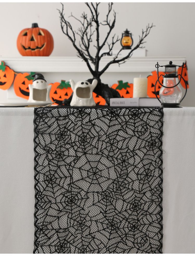 Halloween-Tischflagge aus schwarzer Spitze, französisches Geisterfest, Dekoration, hohle Tischflagge, Halloween-Themen-Layout, Verkleidungstischdecke_voghion.com