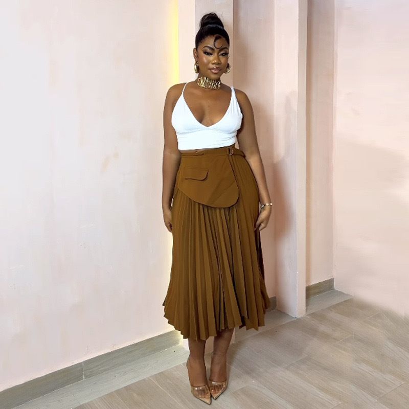Women's Clothing summer new solid color pleated A line half length high waist pleated skirt_voghion.com