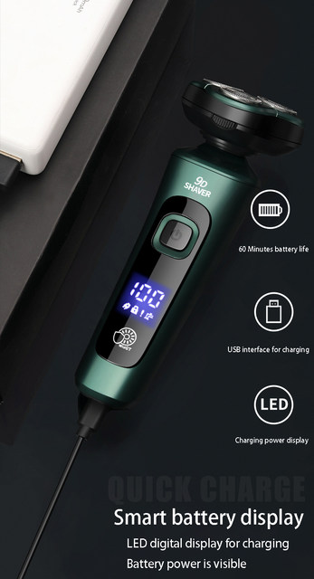 Zeleni pametni električni brijač LCD digitalni zaslon s tri glave, plutajući brijač s USB mogućnošću punjenja, višenamjenski nož za bradu_voghion.com