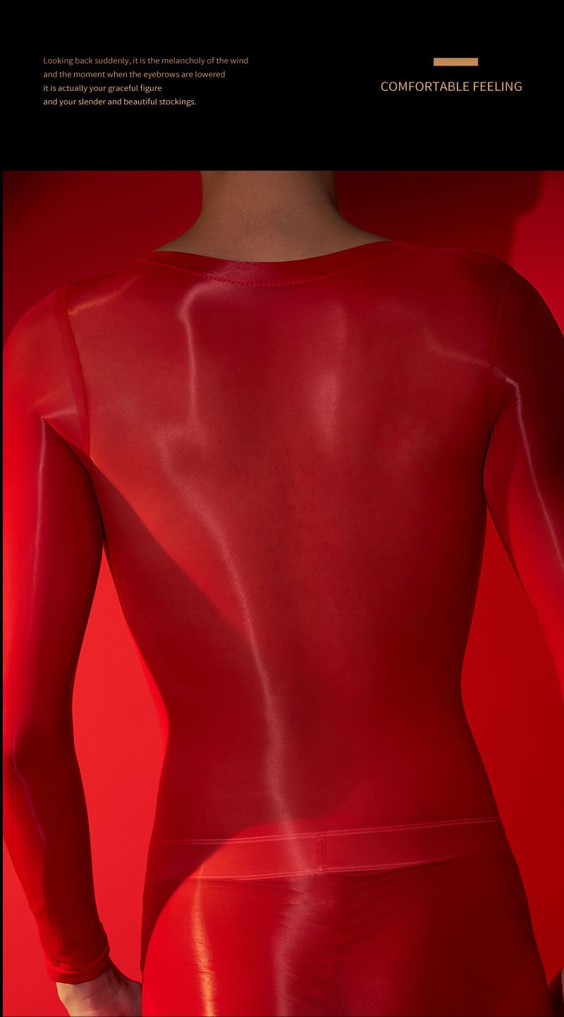 Europäische und amerikanische langärmelige, enge Bademode mit Perspektive, hochelastische Dessous, transparente Seidenstrümpfe, Oberteil, ölige, seidige Pferdeölsocken_voghion.com