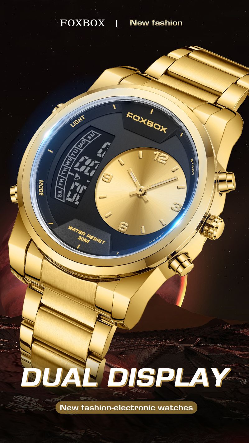 Men's Waterproof Luminous Analog Digital Watch With Alarm Chronograph, Stainless Steel Band, Mineral Glass, 43mm Round Case_voghion.com