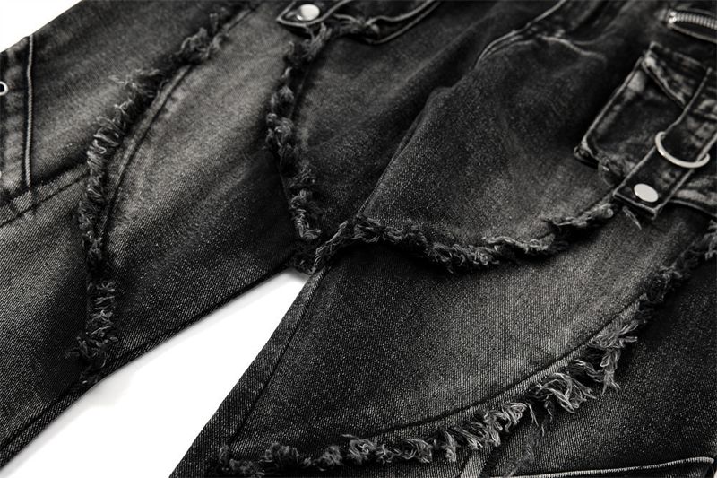 Men's Deconstructed Workwear Jeans - Raw Hem Bootcut Pants With Lace-Up Detail (Charcoal, S-3XL)_voghion.com