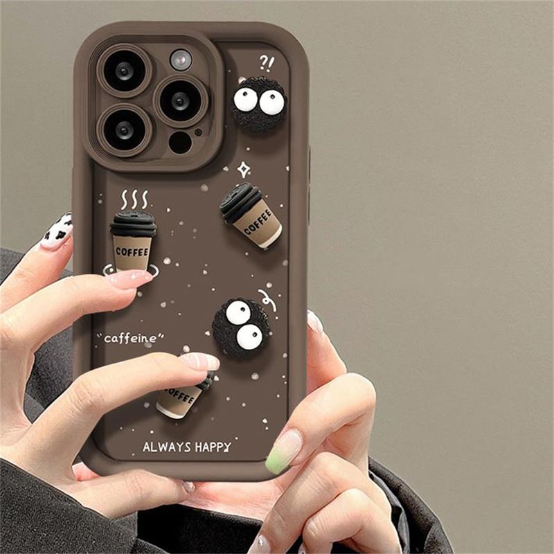 Niedliche Cartoon 3D Kaffee Flüssigsilikon Weiche Hülle für iPhone 15 14 Max 13 12 Pro 11 X XR Objektiv Schutzhülle_voghion.com