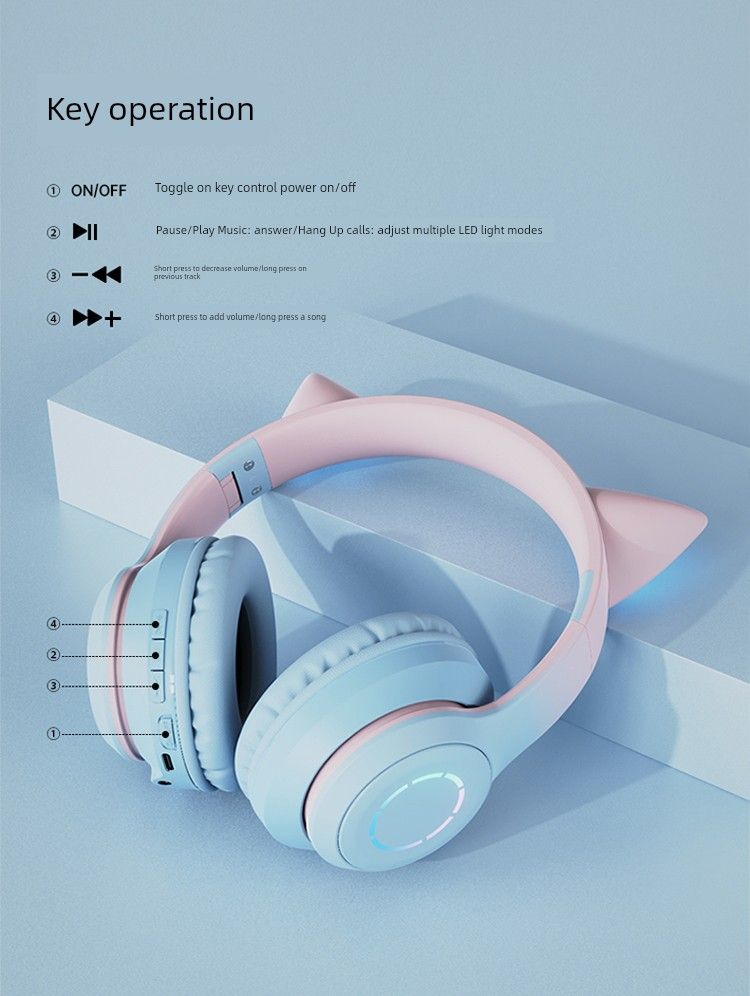 Fone de ouvido Bluetooth Cat Ear 5.1 original para meninas, redução de ruído, estéreo, suporte para microfone, sem pressionar_voghion.com