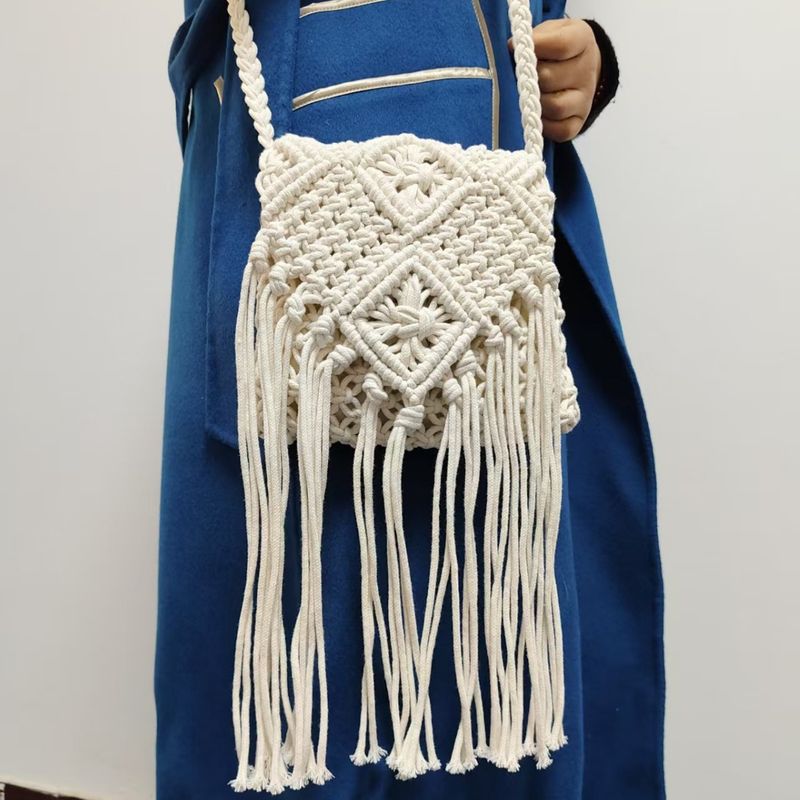 Nuova borsa da donna in paglia alla moda, con tracolla a nappa, in corda di cotone intrecciata fatta a mano, semplice, in stile cinese._voghion.com