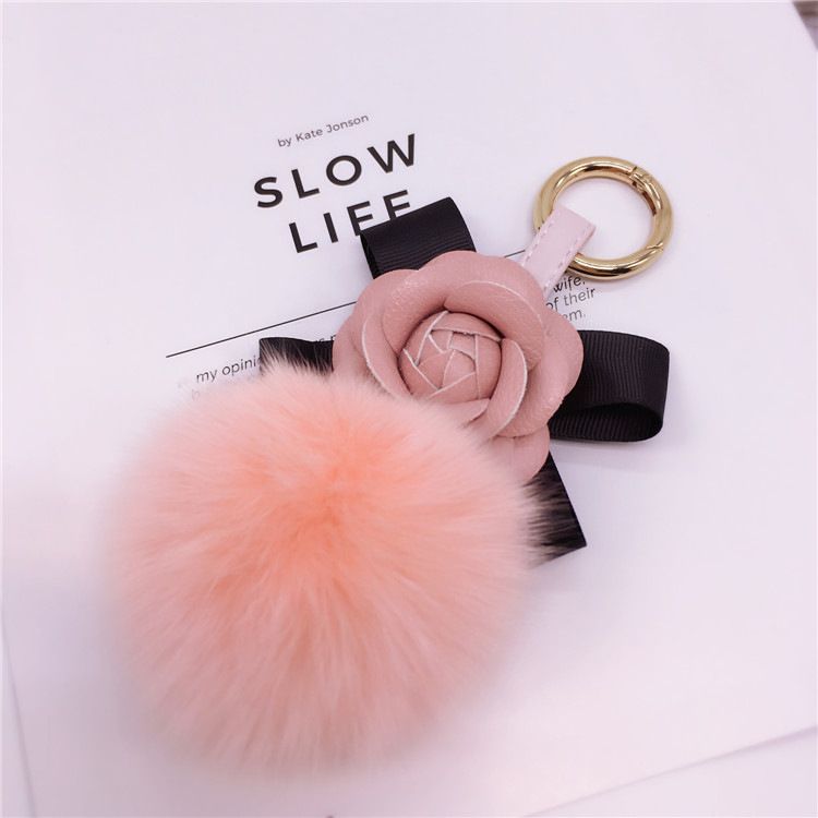Korean Creative Bowknot Camellia Keychain Bag Pendant Women's Fox Fur Ball Key Ring Fashion Accessory_voghion.com