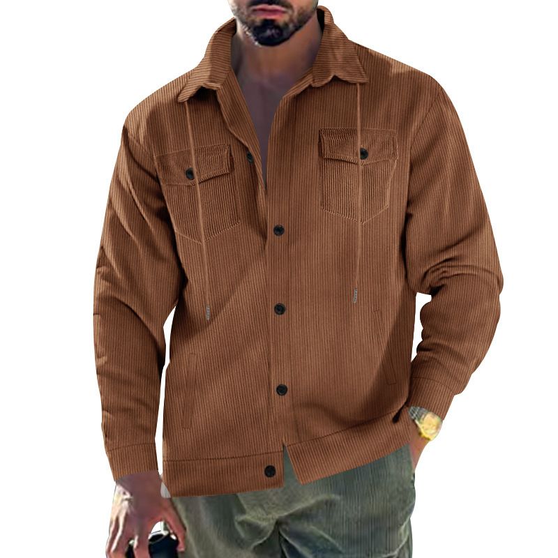 Adatto a tutte le stagioni, in vendita autunnali, da uomo, in stile americano, con tasche, in velluto a coste, a maniche lunghe, con colletto rovesciato e ampio risvolto._voghion.com