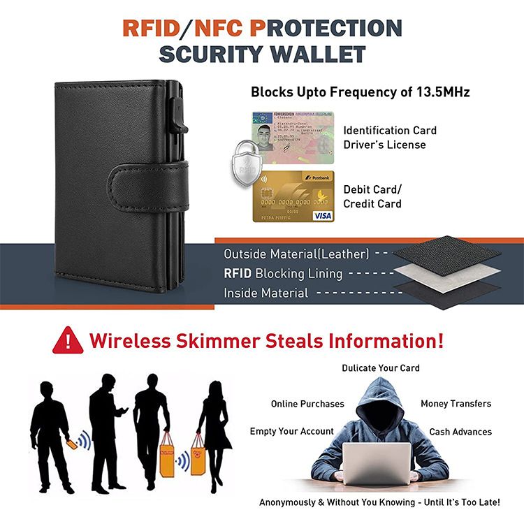 Portafoglio da uomo con cerniera, porta carte in lega di alluminio con cerniera, porta monete, porta carte RFID in microfibra con scatola di alluminio a spinta laterale, per il commercio estero_voghion.com