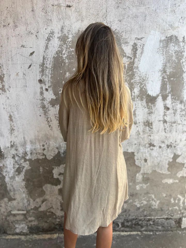 Conjunto de duas peças feminino casual de algodão e linho, cor sólida, manga comprida, camisa de tecido amassado, 2025_voghion.com