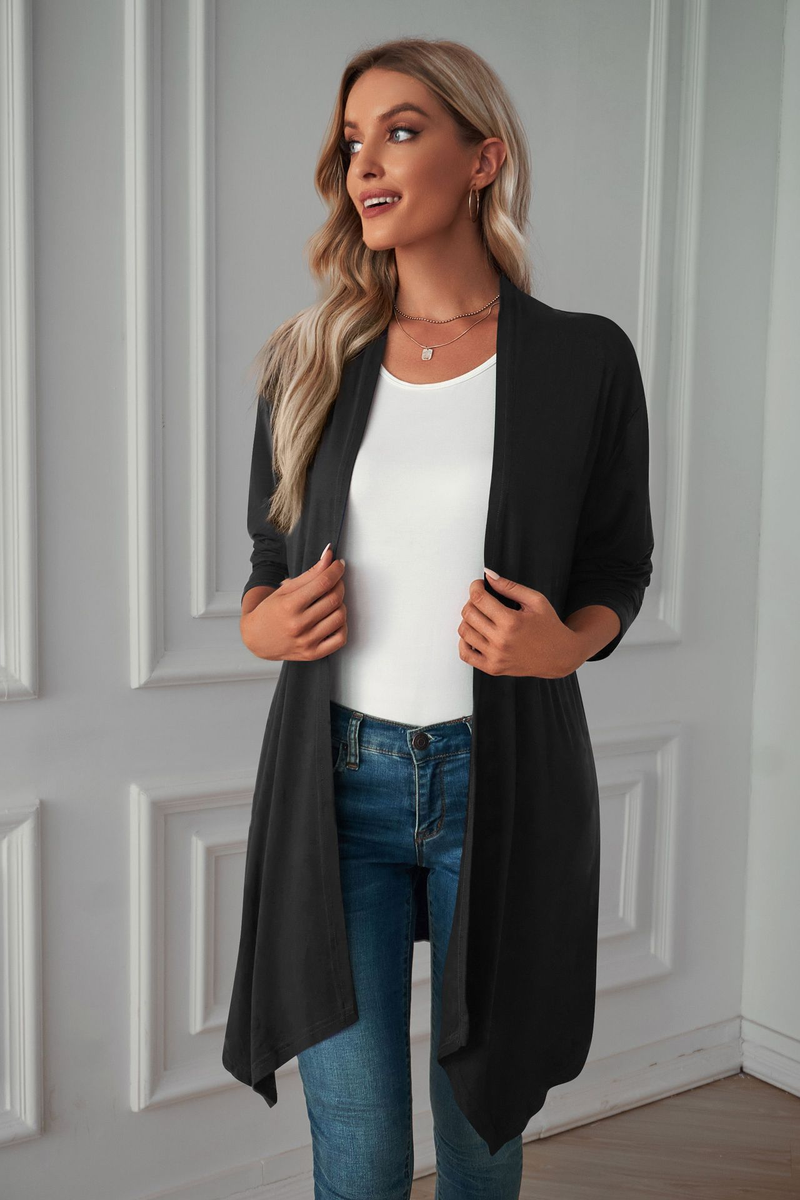 Damen-Strickjacke, einfarbig, langärmelig, Mantel, langes, lässiges Oberteil_voghion.com