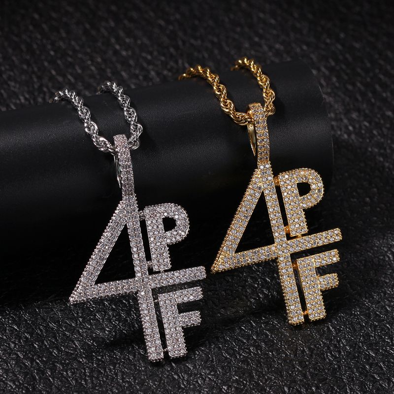 Ciondolo da uomo alla moda con numero 4PF, lettera in rame intarsiata in zircone, performance di danza di strada hip hop rap DJ_voghion.com