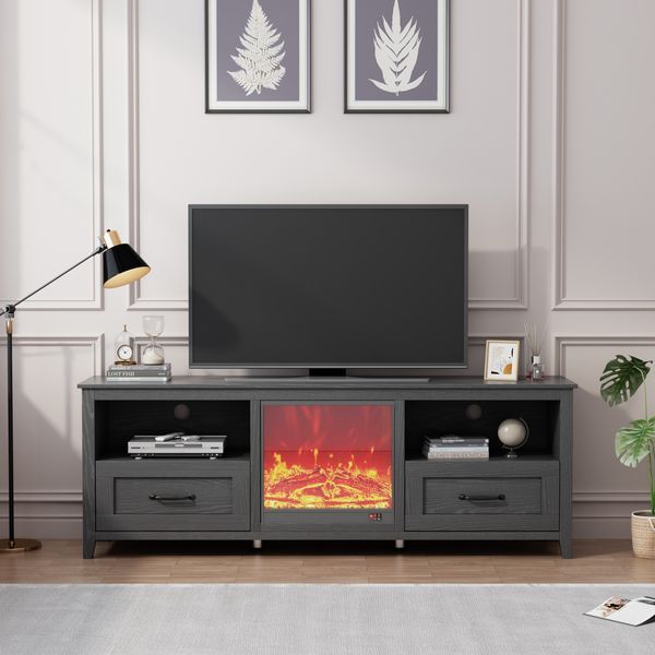70.08 Inch Length Black TV Stand For Living Room And Bedroom, With 2 Drawers And 4 High-Capacity Storage Compartment,Suitable For Fireplace_voghion.com