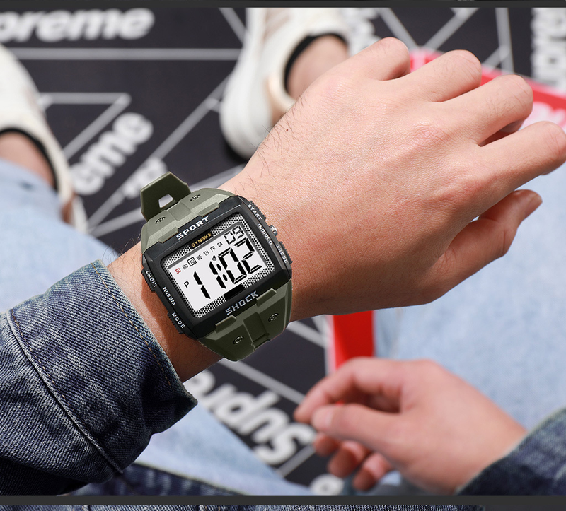 Large Screen Square Outdoor Sports Watch For Men - Waterproof, Shockproof, LED Backlight, Stopwatch, Alarm, Perfect For Running, Camping, Hiking_voghion.com