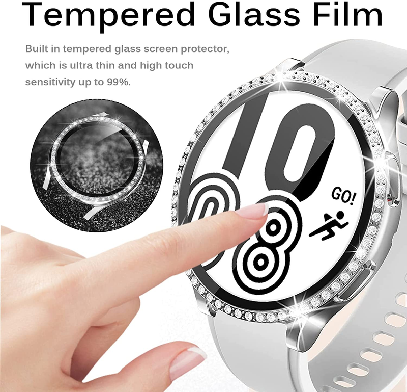 Glass+Case for Samsung Galaxy watch 4 44mm 40mm Accessories Bling Diamond PC bumper Shell +Screen protector Galaxy watch4 cover_voghion.com