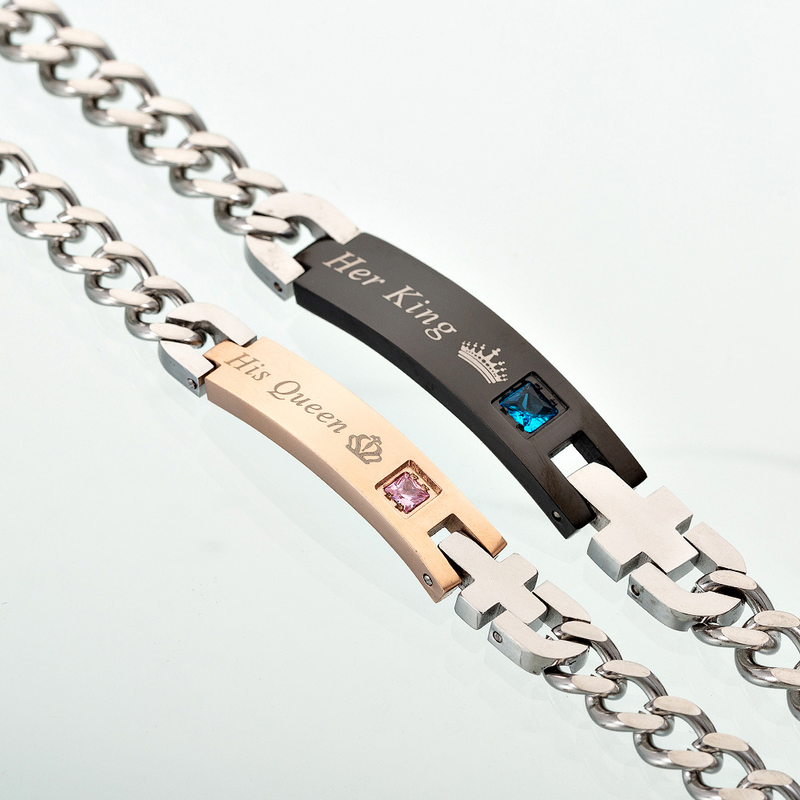 Pulsera de pareja de circonitas explosivas de acero y titanio Pulsera de corona REY REINA_voghion.com