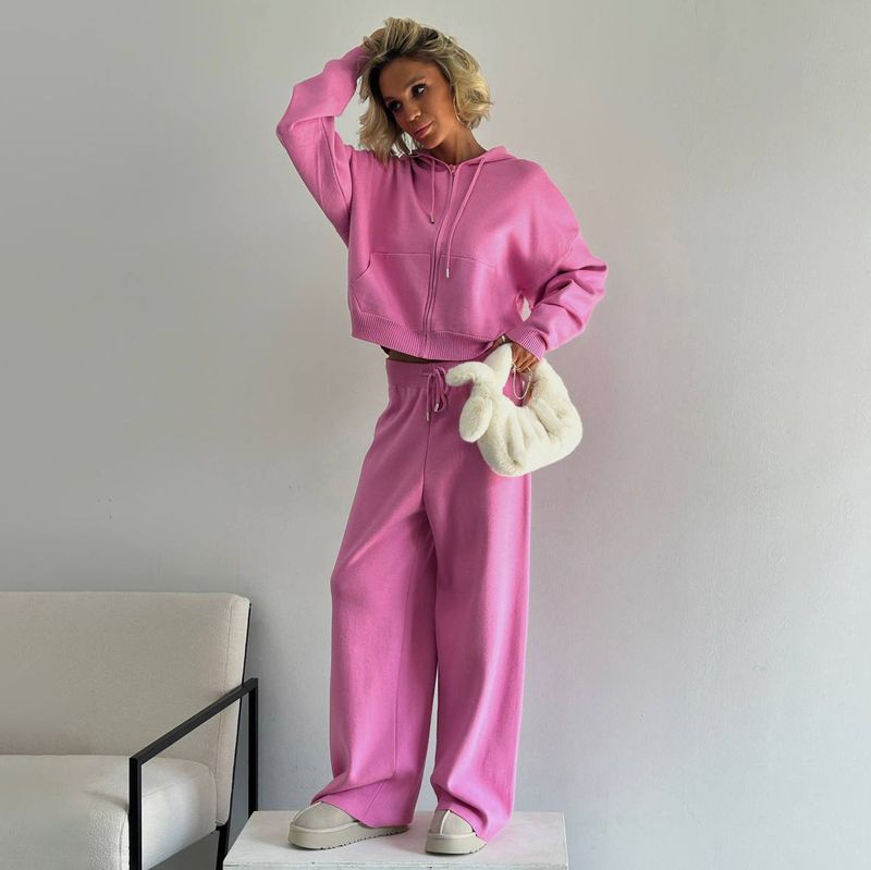 Women's Clothing Solid Color Hooded Sweater Suit For Women Loose Casual Lazy Style Autumn And Winter New Knitted Trousers Two Piece Suit_voghion.com